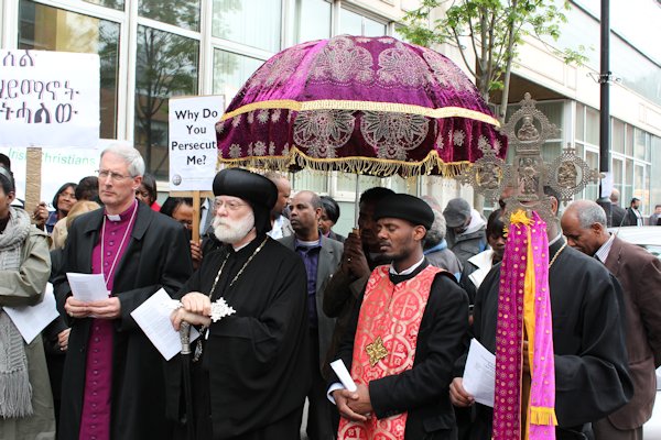 Praying for oppressed Eritrean Christians outside the Eritrean Embassy in London